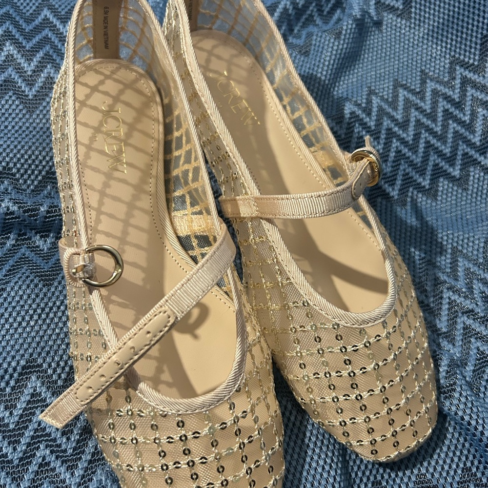 J. Crew Cream Embellished Mary Jane Flats